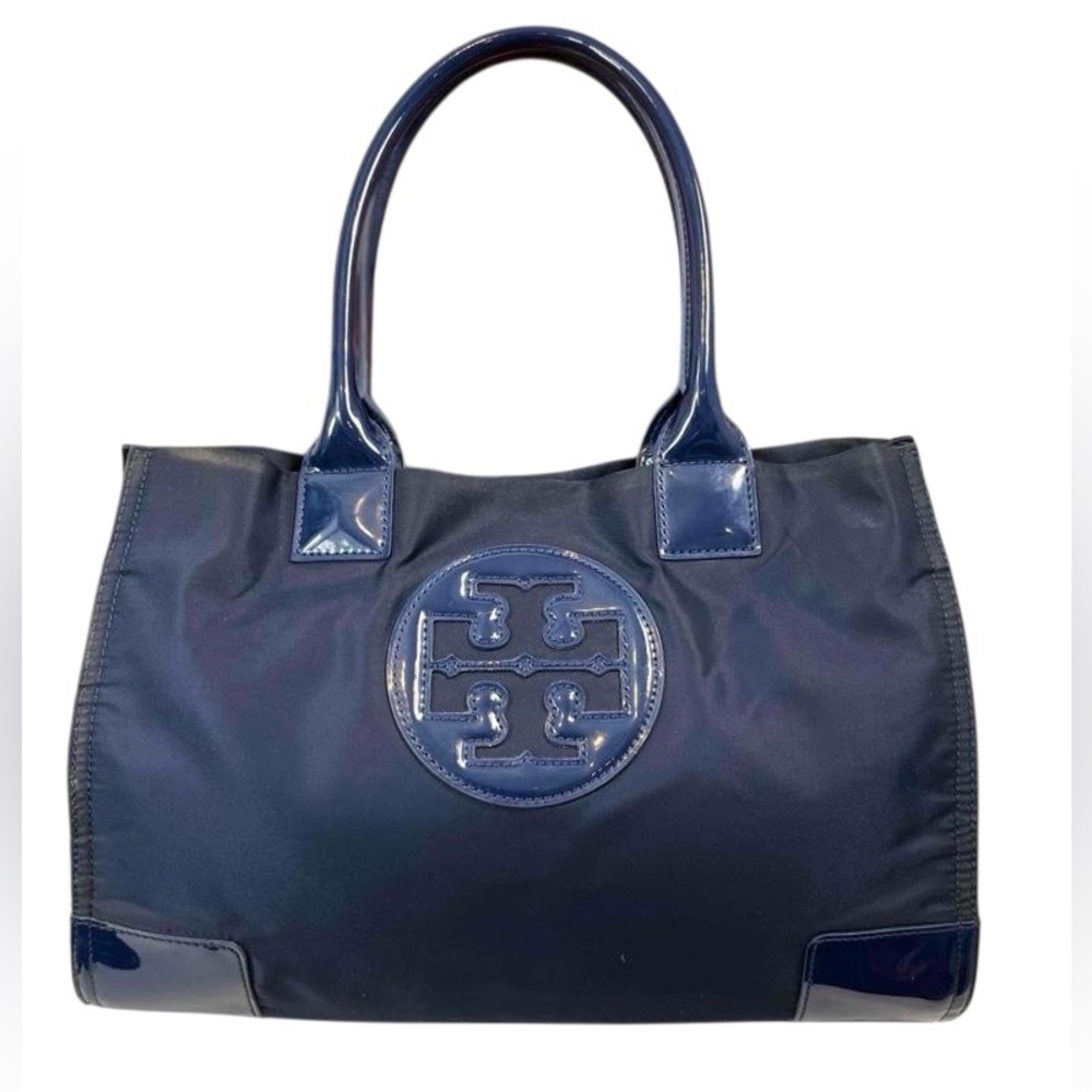 Tory Burch Ella Nylon Tote Navy Blue Patent Leather Trim Large Logo Tote